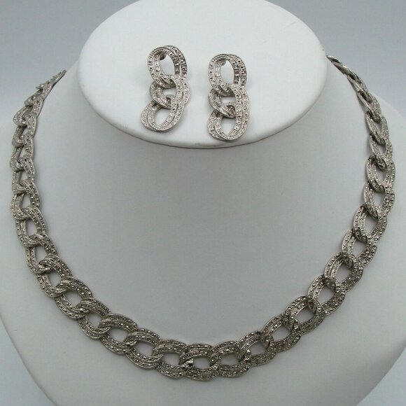 Womens Silver Tone Cuban Link Necklace & Earring Jewelry Set Cut Sparkle Style - Picture 1 of 11